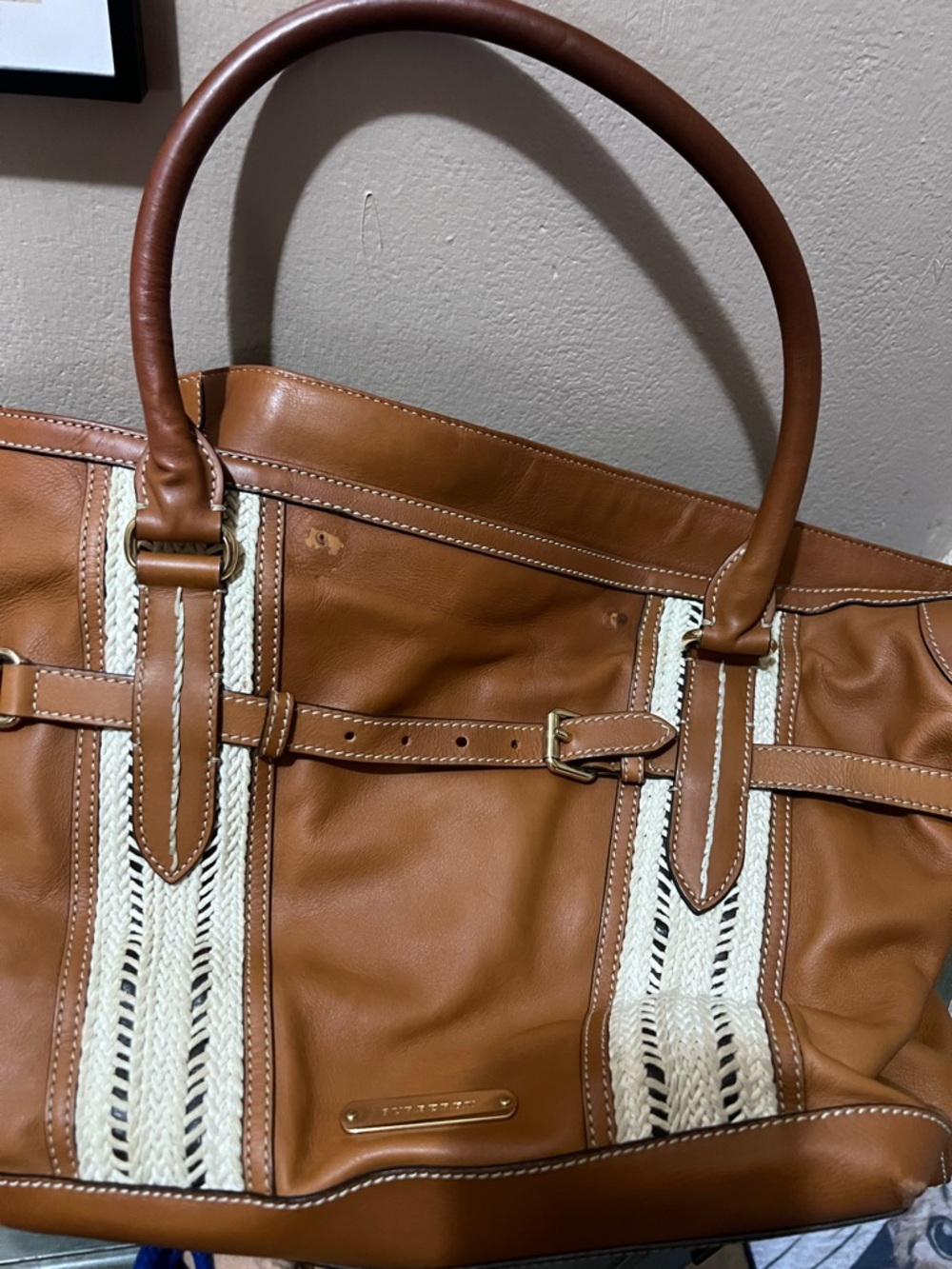Burberry Beige Canvas Tote with Brown Leather Trim two call outs